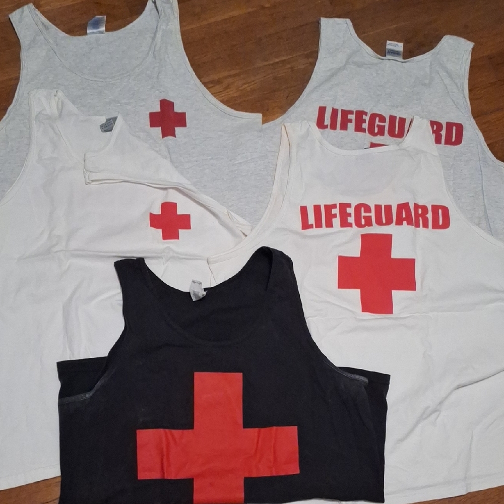 5 Gildan Mens Lifeguard Tank & Long-sleeve T - Red, Black, White & Gray